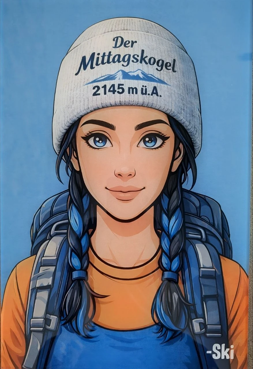 Mittagskogel 2145m — CrossArt Gipfelschild-Illustration, neuer limitierter Druck kaufen